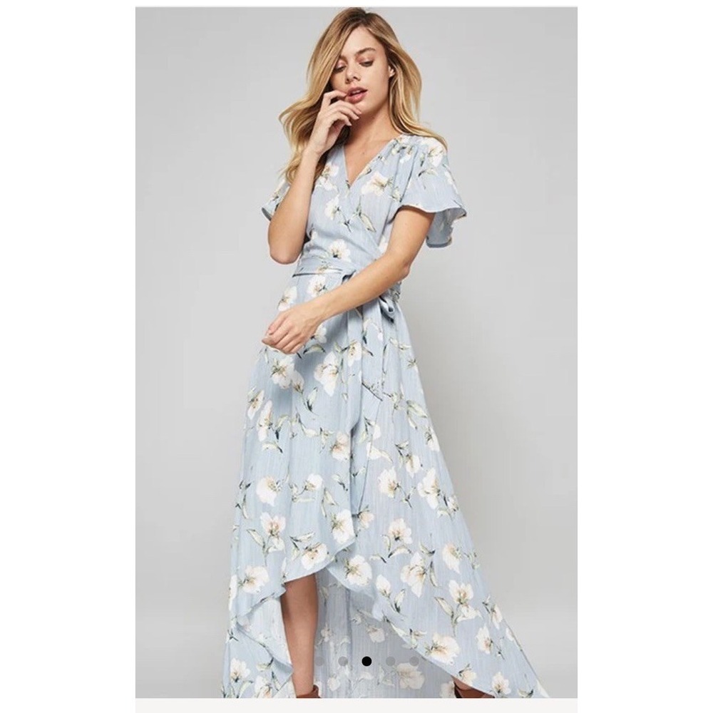 Promesa Short Sleeve Flutter Wrap Midi‎ Light Blue Floral Dress High Low Summer
